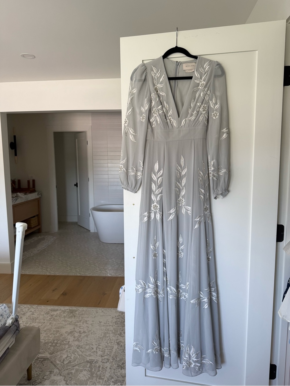 BHLDN Light Gray Embroidered V-Neck Maxi Dress